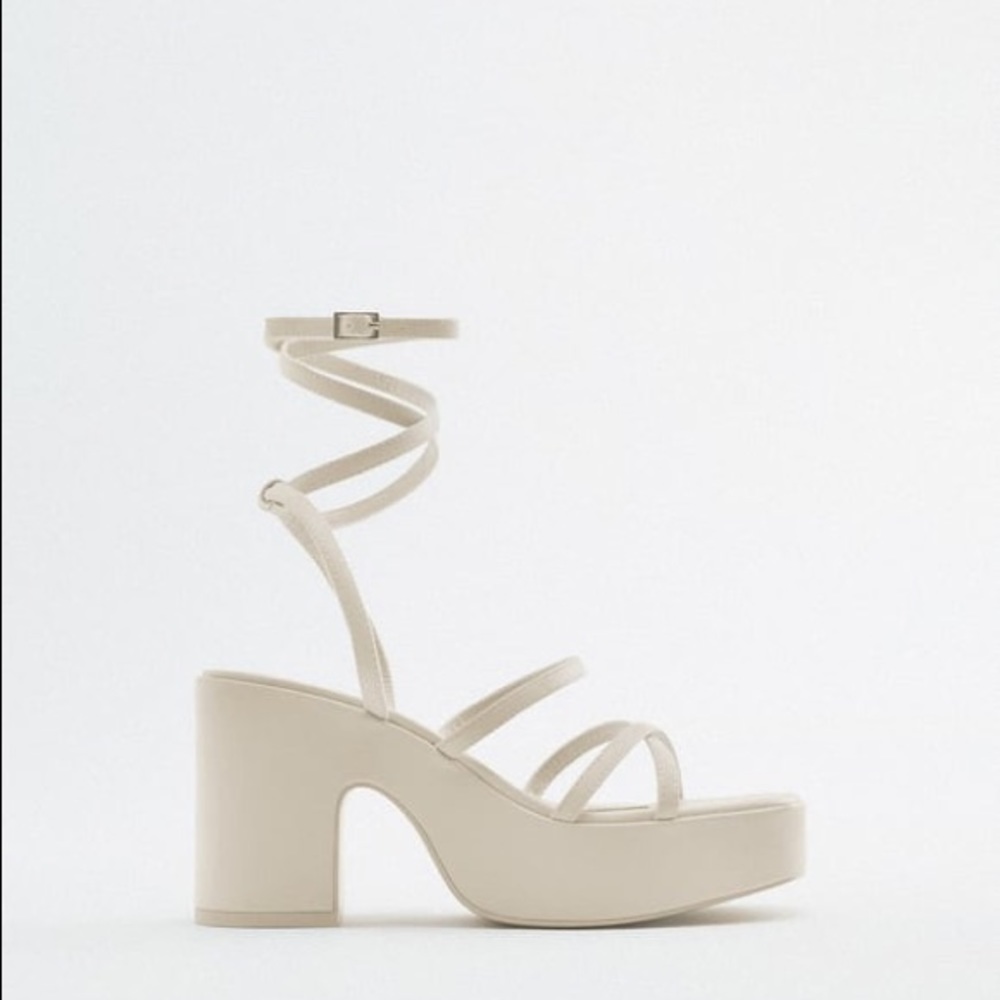 Zara LACE UP PLATFORM SANDALS, Size 7.5, White